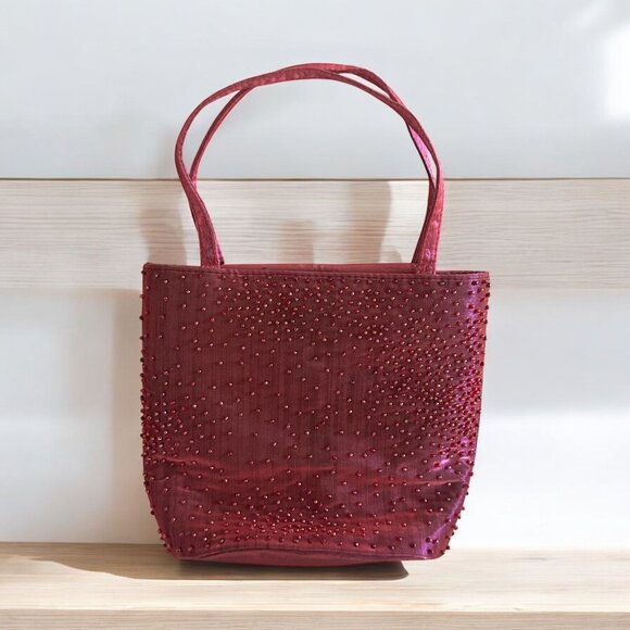 Bloomingdales Handbags - BLOOMINGDALES Vintage Beaded Raspberry Cocktail Bag with Mirror